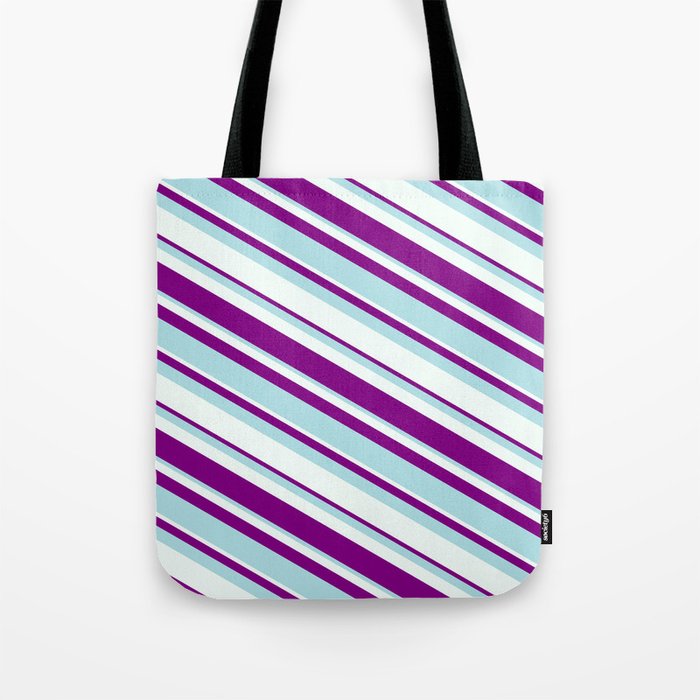 Purple, Powder Blue, and Mint Cream Colored Lined/Striped Pattern Tote Bag