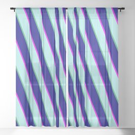 [ Thumbnail: Fuchsia, Turquoise, Sea Green & Blue Colored Striped Pattern Sheer Curtain ]