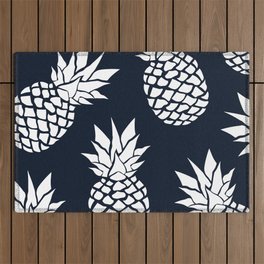 Tropical, Pineapples, Navy Blue ad White Outdoor Rug