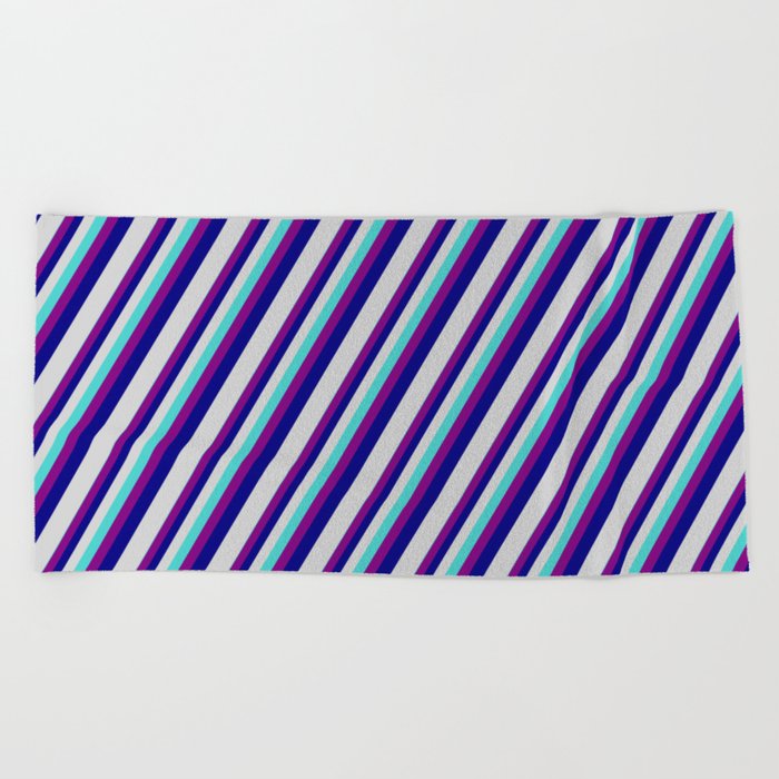 Turquoise, Purple, Blue, and Light Grey Colored Striped/Lined Pattern Beach Towel