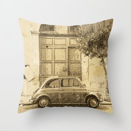 Red Car Parked Beside Brown Concrete Building During Daytime Throw Pillow