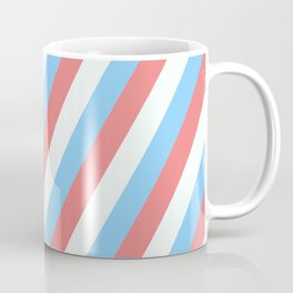 [ Thumbnail: Light Sky Blue, Light Coral, and Mint Cream Colored Lined Pattern Coffee Mug ]