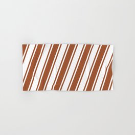 [ Thumbnail: White and Sienna Colored Lined/Striped Pattern Hand & Bath Towel ]
