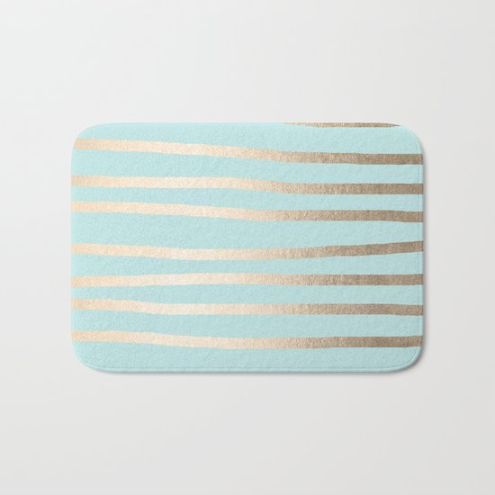 Simply Drawn Stripes White Gold Sands on Succulent Blue Bath Mat