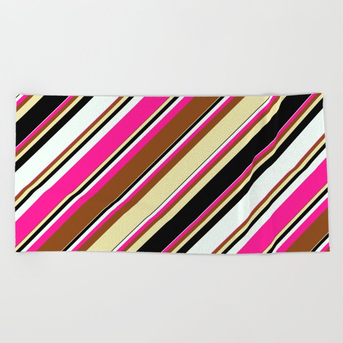 Vibrant Brown, Pale Goldenrod, Black, Mint Cream & Deep Pink Colored Lined/Striped Pattern Beach Towel