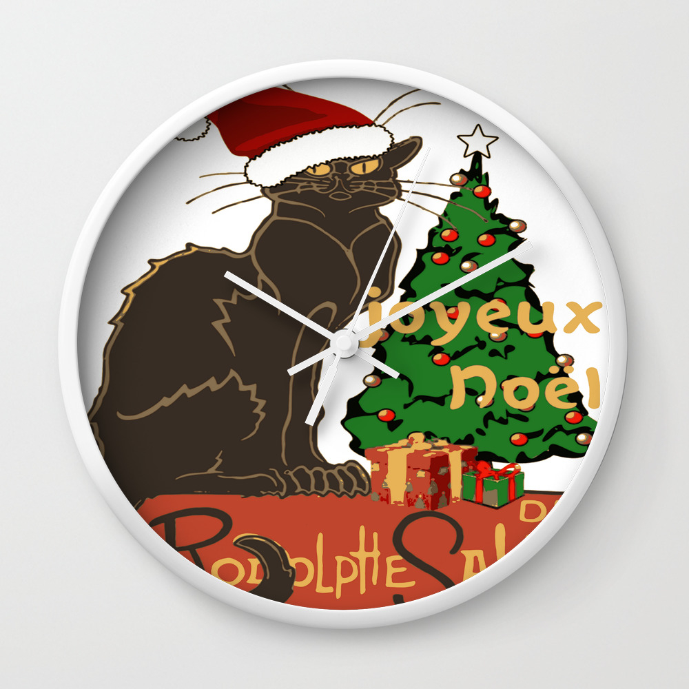 Joyeux Noel Le Chat Noir With Tree And Gifts Wall Clock By Taiche Society6 Joyeux Noel Le Chat Noir With Tree And Gifts Wall Clock By Taiche Society6