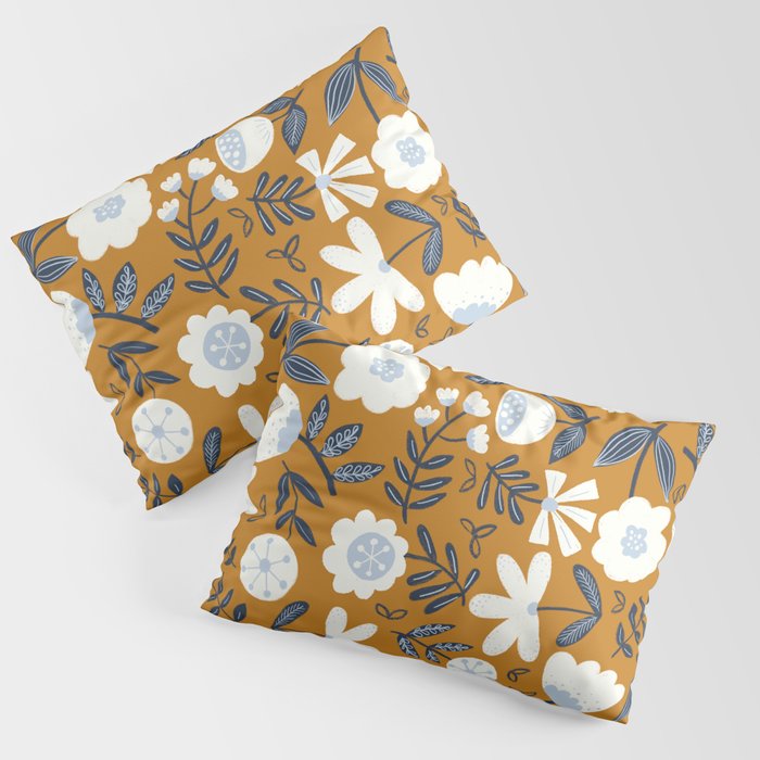 Scandinavian Flowers Blue Gold White Pillow Sham