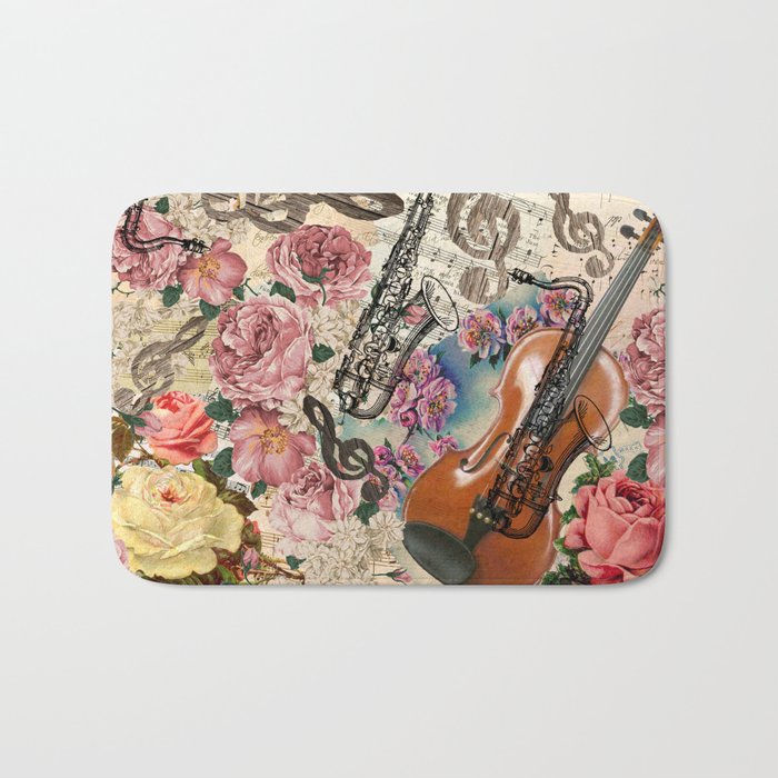 Vintage pink bohemian roses classical notes musical instruments Bath Mat