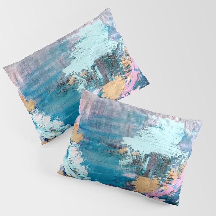 Waves: an abstract mixed media piece in black, white, blues, pinks, and brown Pillow Sham
