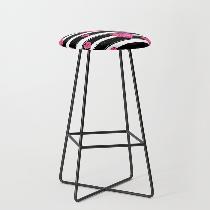 Black Stripes and Pink Hearts | Glitter Chic Pattern 09 Bar Stool