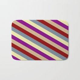 [ Thumbnail: Vibrant Pale Goldenrod, Purple, Tan, Dark Red & Light Slate Gray Colored Striped Pattern Bath Mat ]
