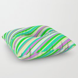 [ Thumbnail: Vibrant Green, Orchid, Lime, Pale Goldenrod, and White Colored Pattern of Stripes Floor Pillow ]