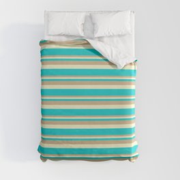 [ Thumbnail: Tan, Light Yellow, and Dark Turquoise Colored Lined Pattern Duvet Cover ]