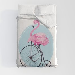 Cute flamingo on vintage bike. Duvet Cover