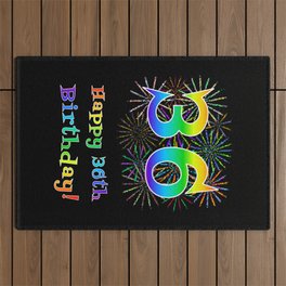 [ Thumbnail: 36th Birthday - Fun Rainbow Spectrum Gradient Pattern Text, Bursting Fireworks Inspired Background Outdoor Rug ]