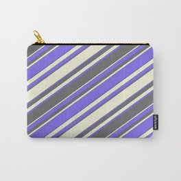 [ Thumbnail: Medium Slate Blue, Dim Gray, and Beige Colored Stripes Pattern Carry-All Pouch ]