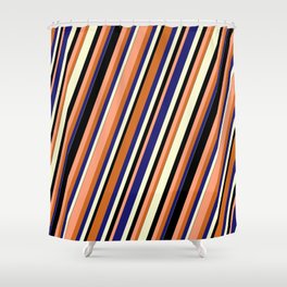 [ Thumbnail: Vibrant Light Salmon, Chocolate, Midnight Blue, Light Yellow, and Black Colored Stripes Pattern Shower Curtain ]