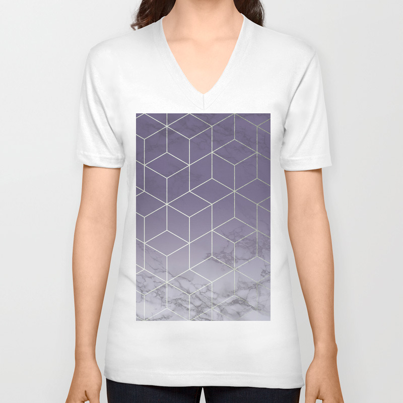 Ultra Violet Purple Silver Geometric Block Cubes Modern Pattern Trendy White Marble Unisex V-Neck T-shirt by followmeinstead