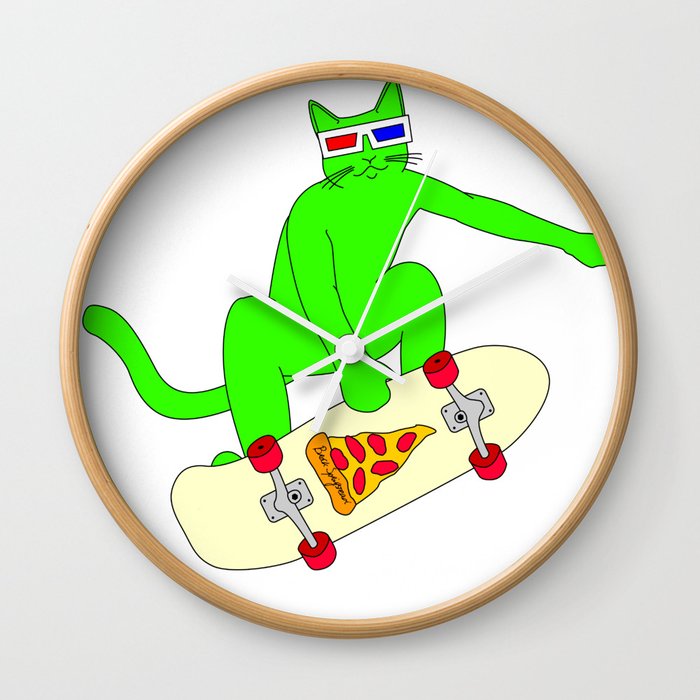 "Psychedelic Skateboarding Pizza Cat #3", by Brock Springstead Wall Clock