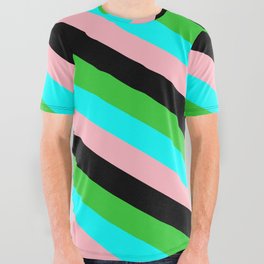 [ Thumbnail: Lime Green, Cyan, Light Pink & Black Colored Striped Pattern All Over Graphic Tee ]