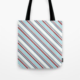 [ Thumbnail: Light Slate Gray, Mint Cream, Brown & Powder Blue Colored Lined/Striped Pattern Tote Bag ]