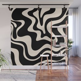 Retro Liquid Swirl Abstract Square 2 in Black and Almond Cream Wall Mural