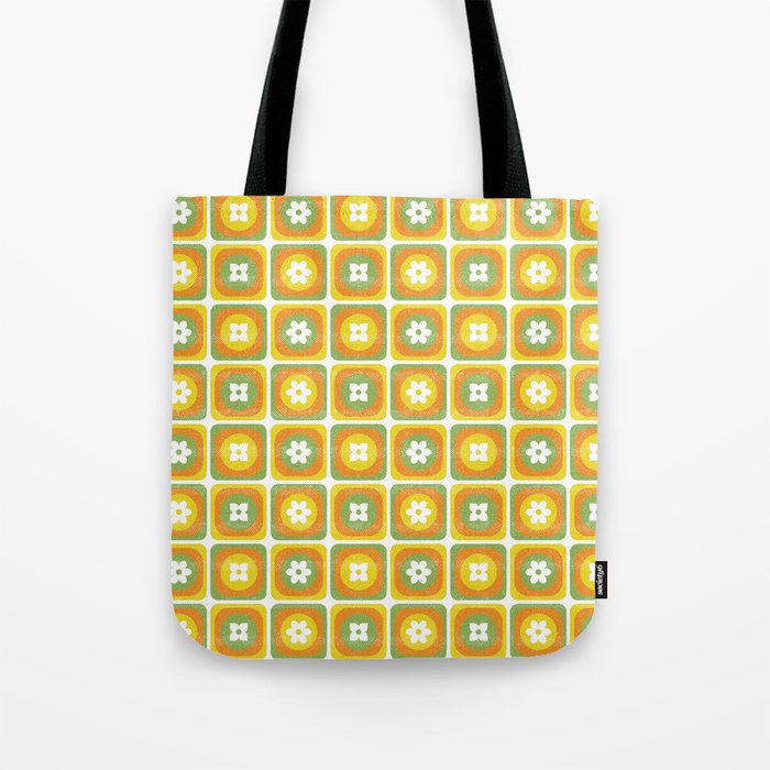 Bright Retro 70s Distressed Checkered Flowers Tote Bag