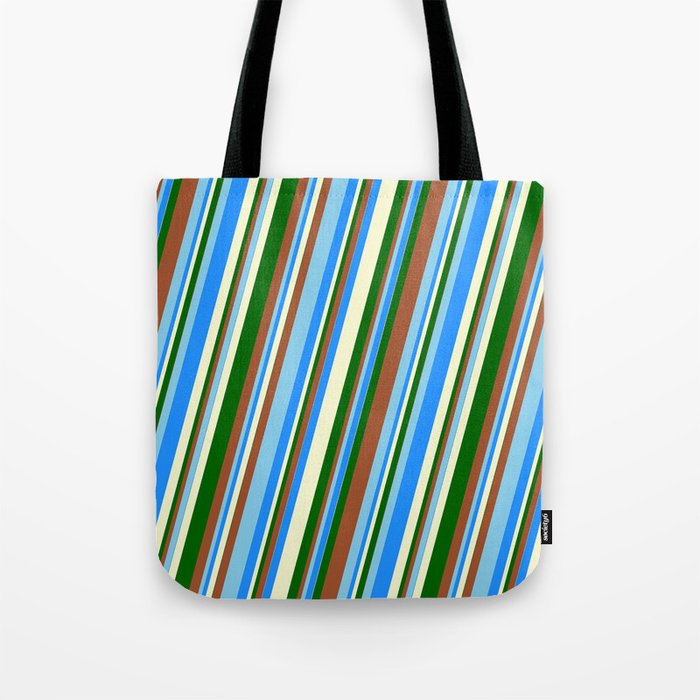 Vibrant Sienna, Sky Blue, Blue, Light Yellow, and Dark Green Colored Striped Pattern Tote Bag