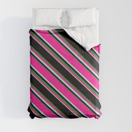 [ Thumbnail: Black, Forest Green, Deep Pink & Turquoise Colored Lined Pattern Comforter ]