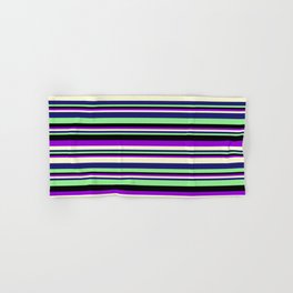 [ Thumbnail: Dark Violet, Light Yellow, Midnight Blue, Light Green, and Black Colored Lined/Striped Pattern Hand & Bath Towel ]