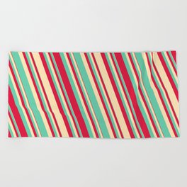 [ Thumbnail: Aquamarine, Crimson, and Beige Colored Striped/Lined Pattern Beach Towel ]