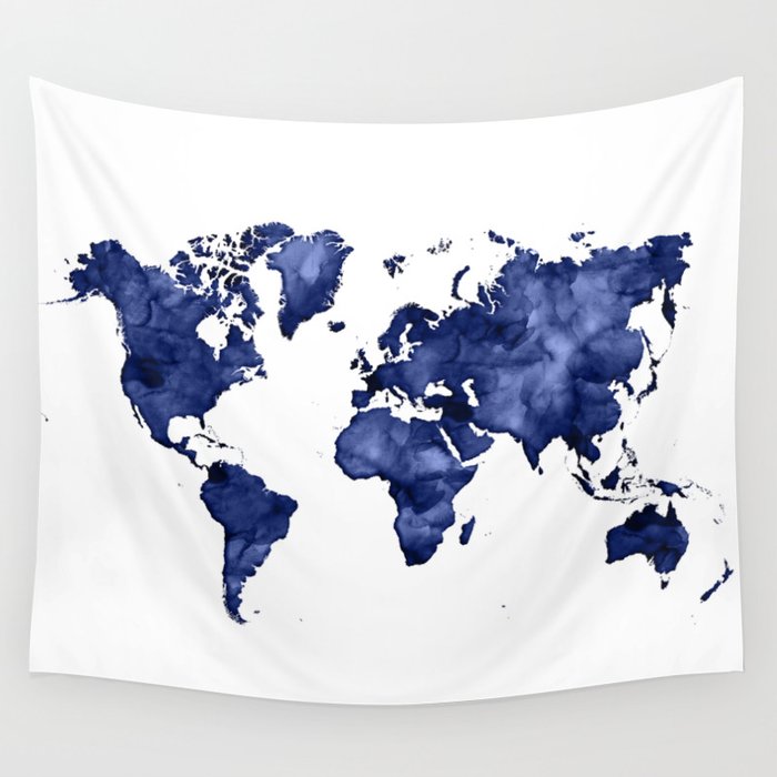 Dark navy blue watercolor world map Wall Tapestry
