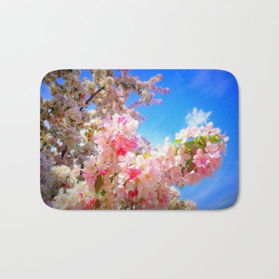 Pink Flowers Blue Sky Bath Mat