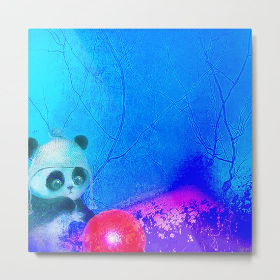 Baby panda plays with its balloon Metal Print