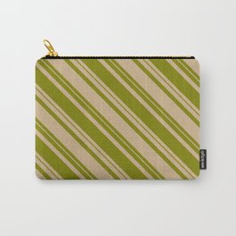 [ Thumbnail: Tan & Green Colored Striped/Lined Pattern Carry-All Pouch ]