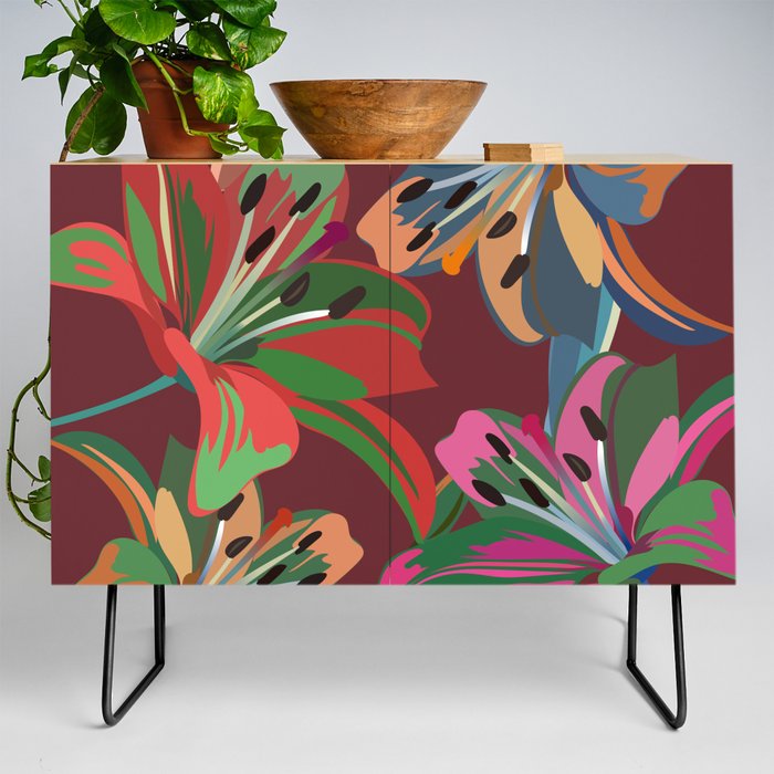 Lily - Colorful Floral Bouquet Art Pattern on Dark Red Credenza