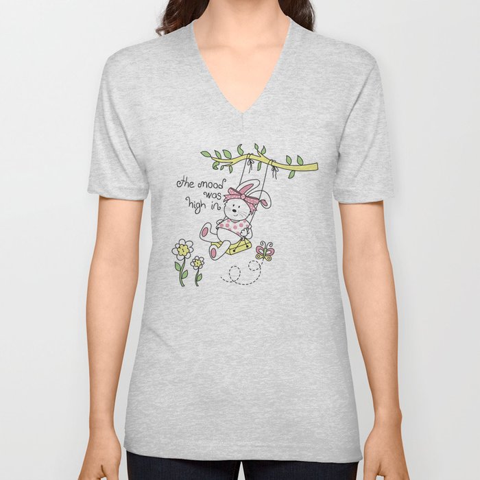 Graphics of cute bunny swinging on a tree swing. V Neck T Shirt
