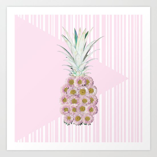 Floral Pineapple Stripes Pink Art Print