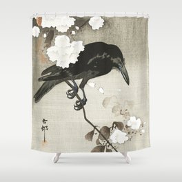 Raven on Cherry tree - Japanese vintage woodblock print Shower Curtain