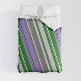 [ Thumbnail: Dim Gray, Purple, Green & Light Grey Colored Lined Pattern Comforter ]