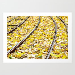 Tram tracks full of yellow leaves in autumn Art Print | Leaf, Yellow, Nature, City, Foliage, Curves, Fallen, Track, Fall, Train 