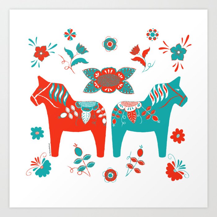 Red Teal - Swedish Dala Animals Art Print