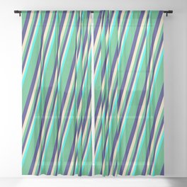 [ Thumbnail: Sea Green, Midnight Blue, Beige & Cyan Colored Lines Pattern Sheer Curtain ]