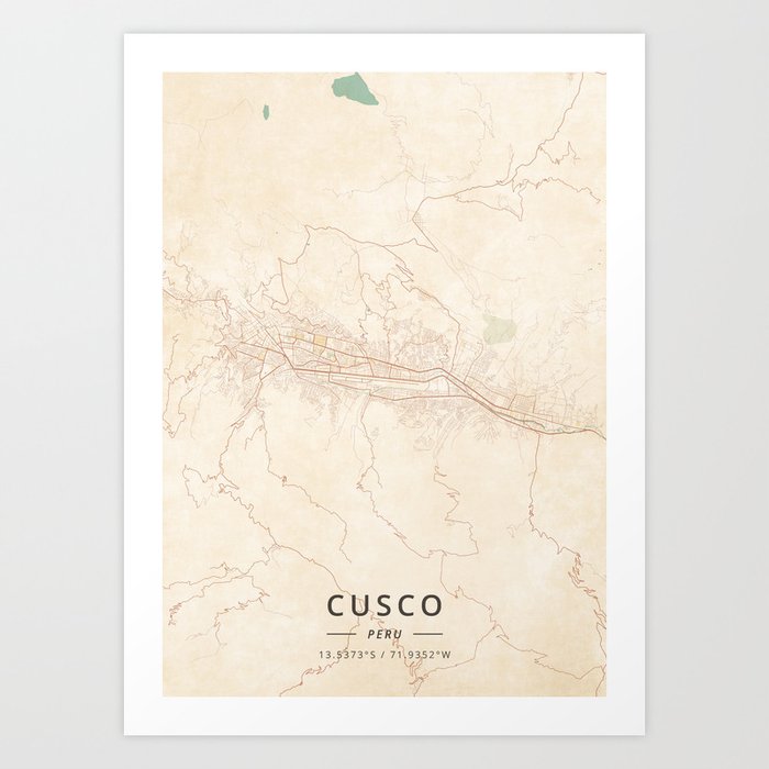 Cusco, Peru - Vintage Map Art Print