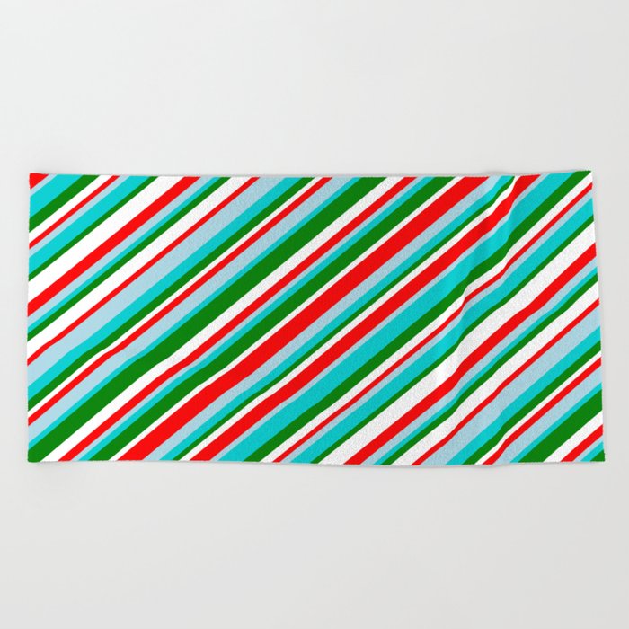 Vibrant Red, Light Blue, Dark Turquoise, Green & White Colored Striped Pattern Beach Towel