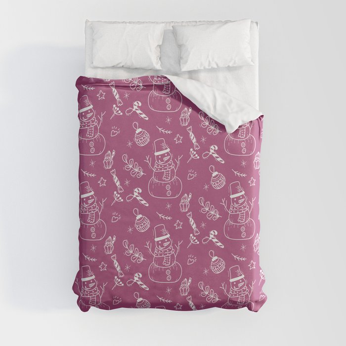 Magenta and White Christmas Snowman Doodle Pattern Duvet Cover