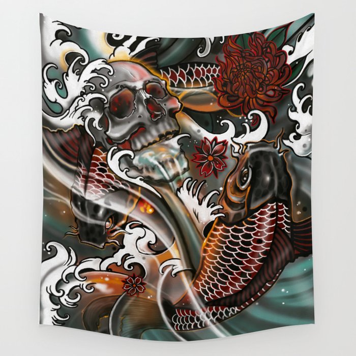 Japanese Koi Skull By Artist Sarah Bliss Rasul Wall Tapestry By