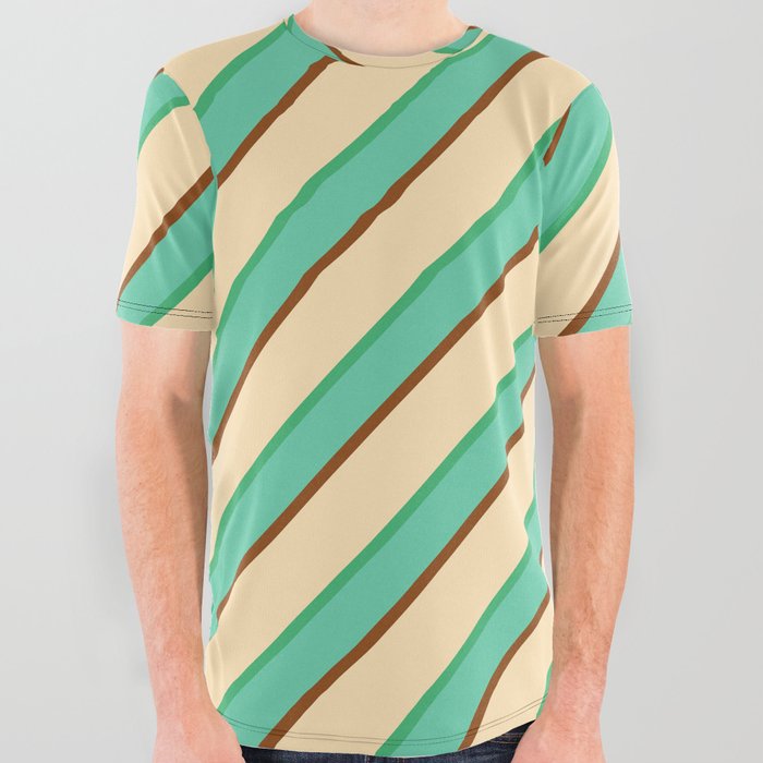 Beige, Sea Green, Aquamarine & Brown Colored Lines Pattern All Over Graphic Tee