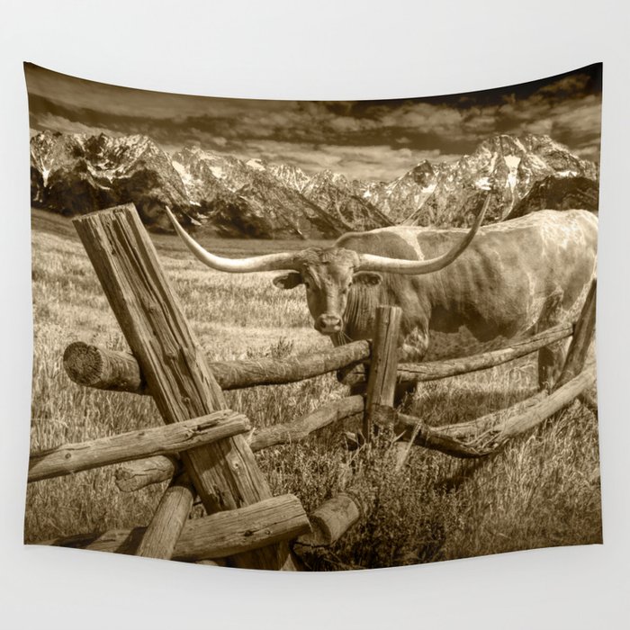 Texas Longhorn Steer by an Old Wooden Fence in Sepia Tone Wall Tapestry