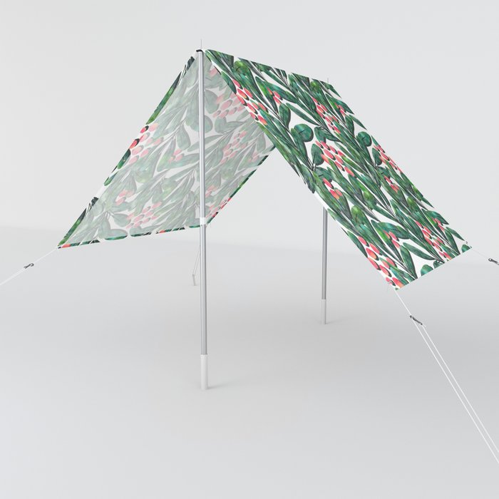 Botanical watercolor illustration pattern, green leaves and red berries Sun Shade